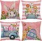 Easter Throw Pillow Covers 18x18 Set of 4 Soft Velvet Spring Easter Pillow Covers Pink Easter Bunny Egg Flower Truck Cushion Covers Pillow Cases for Home Outdoor Sofa Couch Decoration